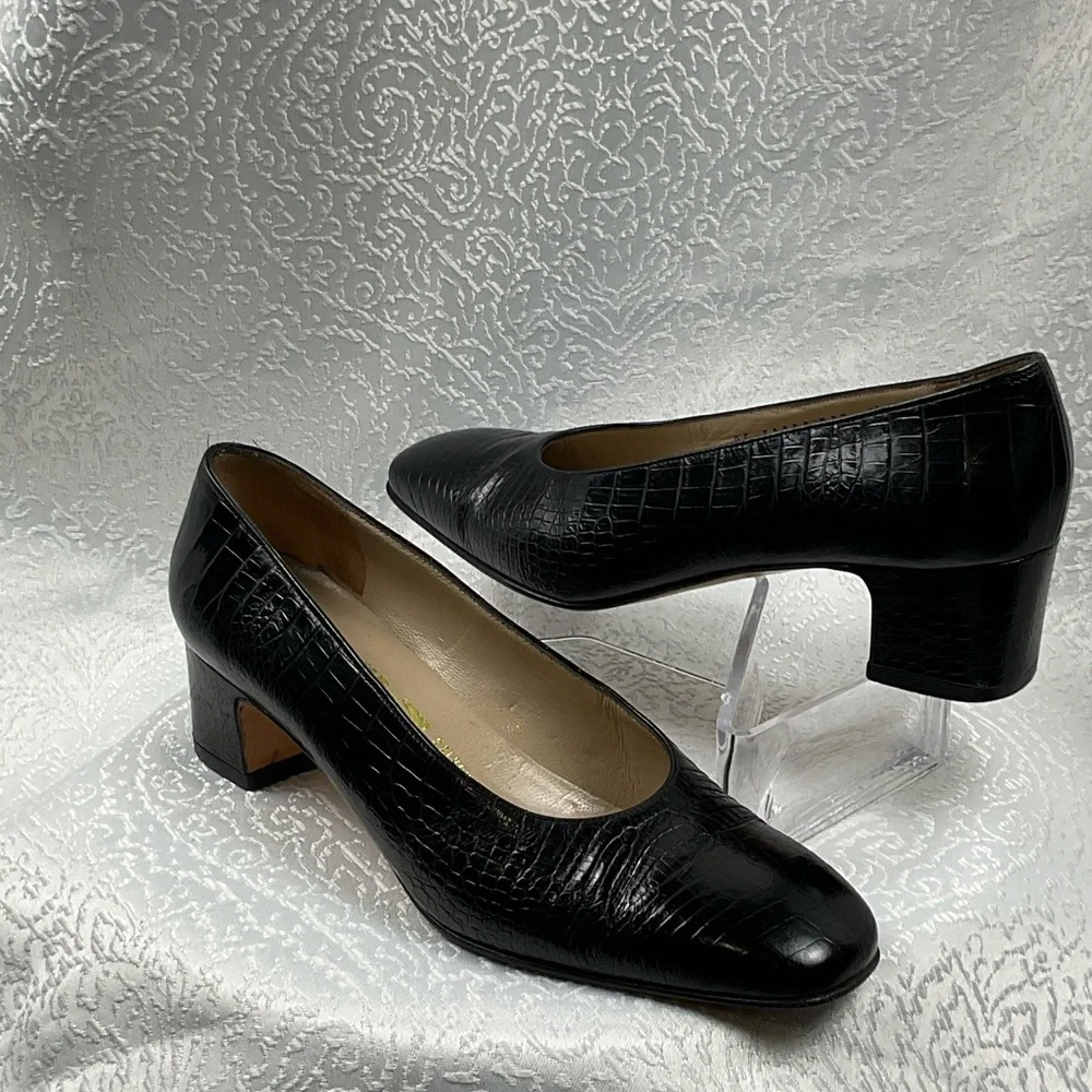 Salvatore Ferragamo Black‎ Croc-Embossed Heels